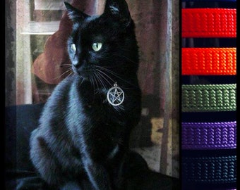 Witches Familiar Pentacle Cat Collar Adjustable in Black, Blue, Orange, Orchid, Purple, Red, Sage Green