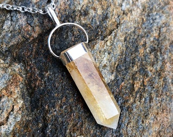 Golden Healer Gemstone Point Pendant Necklace, Pendulum Necklace, Set in 925 Silver, Generator Crystal