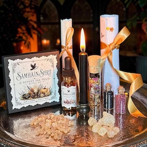 May include: A Samhain Spirit Beyond the Veil ritual kit box, a black candle in a small metal holder, a dropper bottle, three glass vials filled with dried botanicals and crystals, two rolled parchment scrolls with gold ribbons, and resin incense.
