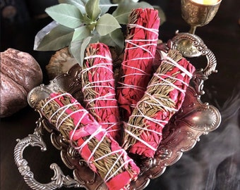 Rosemary, White Sage and Dragons Blood Smudge Wand Bundle, Pagan Wiccan, Clear Space