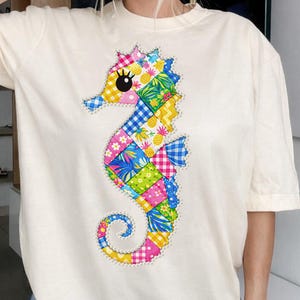 Faux Quilted Pearl Seahorse Png, Coastal Seahorse Shirt Design, Summer Patchwork Png, Hibiscus Sea Life Png, Cottagecore Seahorse Summer