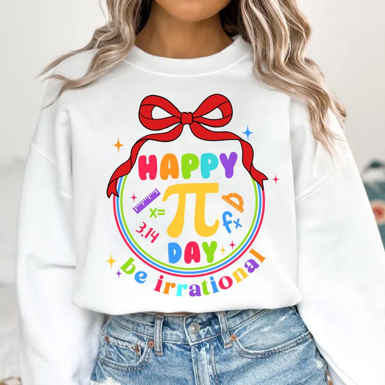 May include: White sweatshirt with a rainbow graphic that says "Happy Pi Day be irrational". The graphic includes a red bow, a ruler, a protractor, and the number pi.