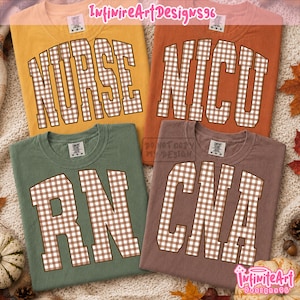 May include: Four t-shirts in mustard yellow, burnt orange, sage green, and mauve. Each shirt features large block letters with a brown and white gingham pattern. The text reads NURSE, NICU, RN, and CNA. Each shirt has a size M tag at the neck.