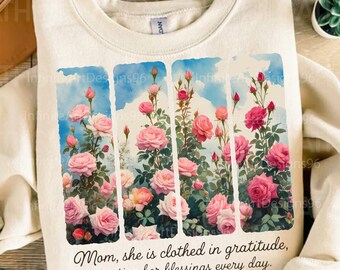 Mama jest ubrana w wdzięczność Png, Retro Roses Mama png, Vintage Flower Mom png, Dzień Matki png, Werset Biblijny png, Prezent dla Mamy Png