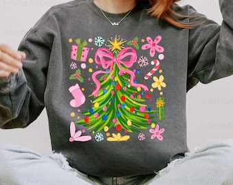 Doodle Christmas Tree Sublimation, Pink Christmas Tree Coquette Png, Girly Christmas png, Tis the season png, Colorful Christmas Gifts Png