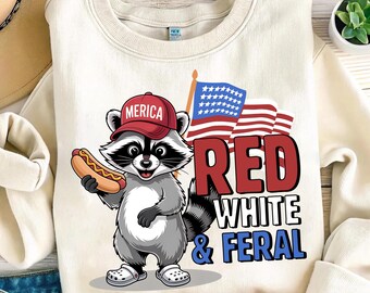 Funny Raccoon Hot Dog Png, 4th Of July Png, Red White And Feral Png, Feral USA Png, Kids America Shirt Design Png, Independence Day Png