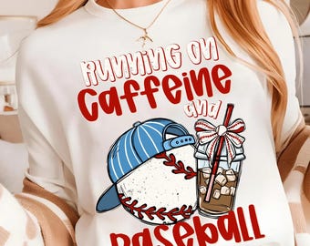 Running on caffeine and baseball Png, Game Day Shirt Design, Coffee Lover Png, Baseball Coquette Bow Png, Sports Png, Baseball Team Png