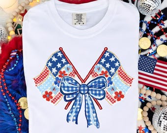 Coquette America Flag PNG, Independence Day Png, Patriotic Bow Ditsy Floral Png, Checkered USA 250 Anniversary Png, Patriotic Coquette Png