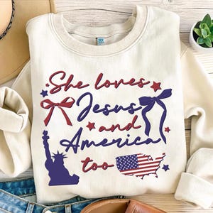She loves Jesus and America png, Coquette 4th of July Png, America Png, Girly USA Png, America Coquette png, Retro Patriotic Shirt Design