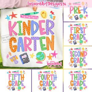 May include: A white fabric surface featuring a colorful graphic print with the text KINDERGARTEN in large, patterned letters. The design includes illustrations of a globe, a notebook, a ruler, a crayon, paper clips, a smiley face, and stars.