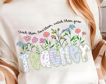Preppy Teacher Floral Png, Teach Blue Floral Png, Custom Preppy Teacher Png Design, Everyday Png, Pencil Bow, Checkered Sublimation