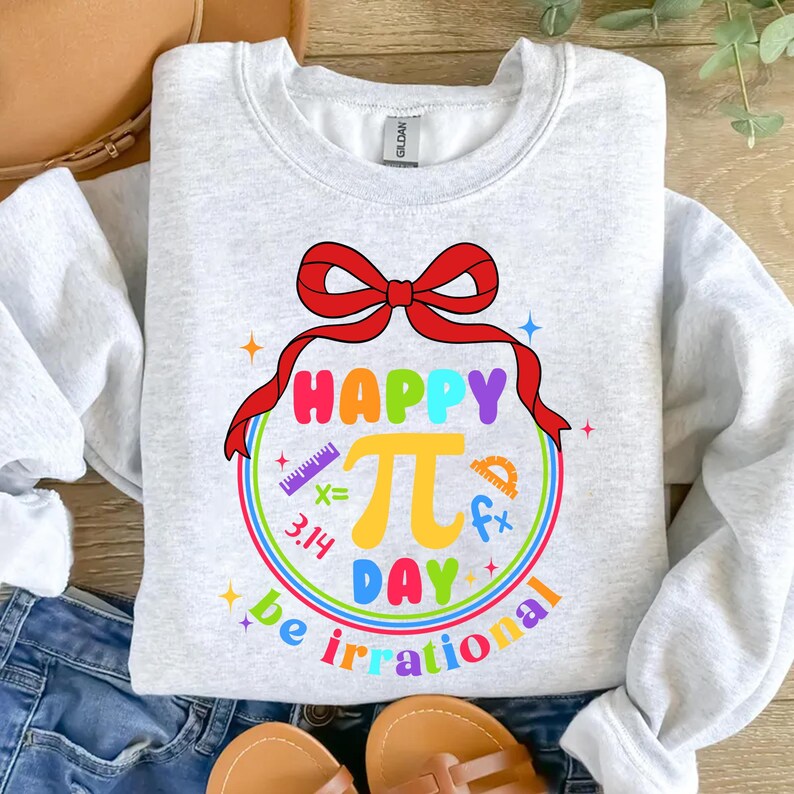 May include: A gray sweatshirt with a colorful graphic design that says "Happy Pi Day be irrational". The graphic features a red bow, a rainbow circle, and math symbols.