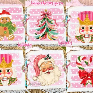 May include: A set of six square fabric patches featuring Christmas illustrations on a pink and white polka dot background. Designs include a gingerbread person, a stylized tree, two nutcrackers, Santa Claus, and a heart-shaped candy cane.