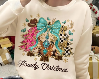 Howdy Christmas Png, Western Christmas Png, Retro Christmas Tree Png, Cowboy Christmas Png, Christmas Cowgirl, Coquette Christmas Png Design