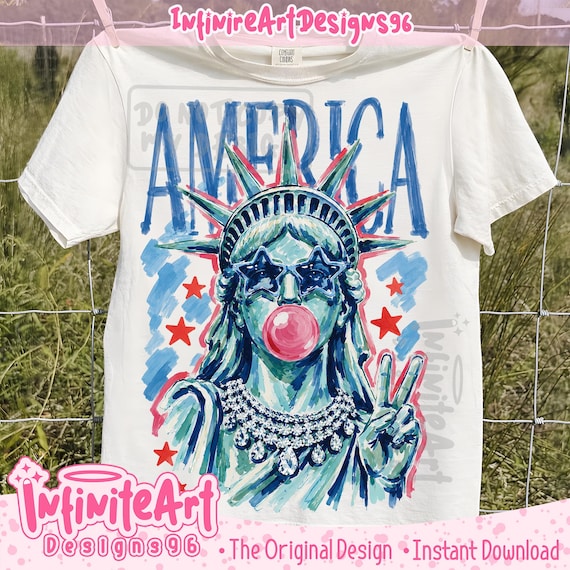 Preppy Brushstroke Statue of Liberty Blowing Bubble Png Png, Patriotic Designs Png, 4th Of July png, America 4th July Png Design,Liberty Png