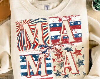 May include: A cream colored sweatshirt with the word "MAMA" printed on the front. The letters are surrounded by red, white, and blue stars and stripes, creating a patriotic design.