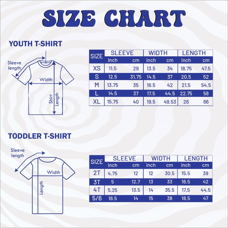 Puede incluir: Una tabla de tallas para camisetas juveniles y para ni&ntilde;os peque&ntilde;os. La tabla incluye medidas de largo de manga, ancho y largo de camiseta en pulgadas y cent&iacute;metros. Tallas de XS a XL para j&oacute;venes y de 2T a 5/6 para ni&ntilde;os peque&ntilde;os.