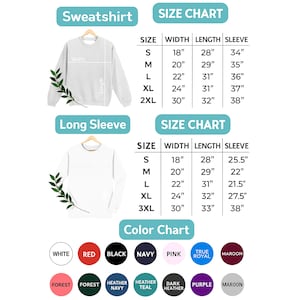 May include: A white sweatshirt and long sleeve shirt are displayed with size charts. The size charts show measurements in inches for width, length, and sleeve length. A color chart shows available colors including white, red, black, navy, pink, and maroon.