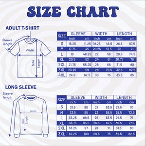 Puede incluir: Gr&aacute;fico de tallas para camisetas y camisetas de manga larga para adultos. Incluye medidas de largo de manga, ancho y largo de camiseta en cm y pulgadas. Tallas de la S a la 4XL para camisetas y de la S a la 3XL para manga larga.