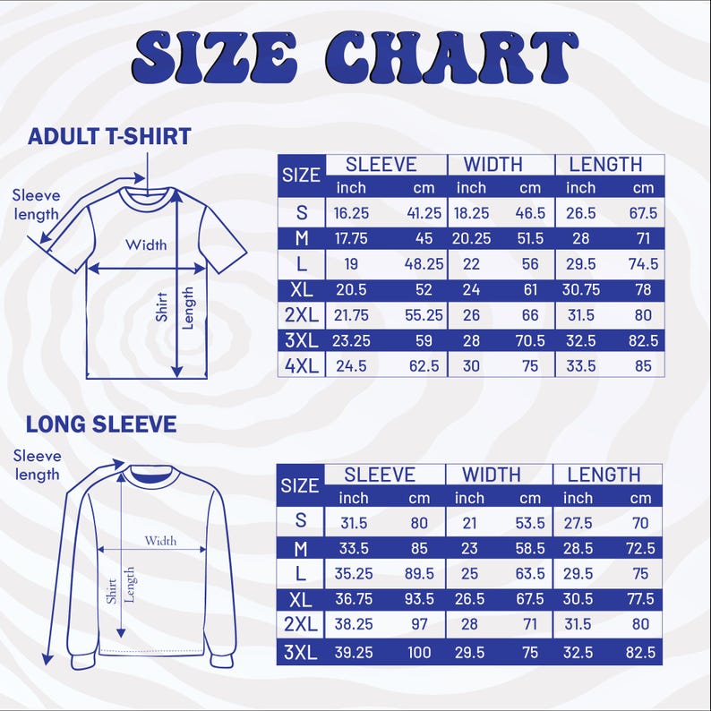 Puede incluir: Gr&aacute;fico de tallas para camisetas y camisetas de manga larga para adultos. Incluye medidas de largo de manga, ancho y largo de camiseta en cm y pulgadas. Tallas de la S a la 4XL para camisetas y de la S a la 3XL para manga larga.