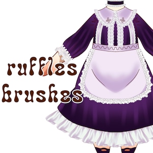 May include: A digital illustration of a purple and white maid dress with ruffles and lace trim. The dress has long sleeves and a white apron. The words "ruffles brushes" are written in brown script.