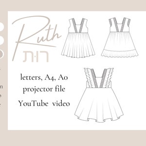 Op de afbeelding: Lijntekening van drie verschillende stijlen van mouwloze jurken met een V-hals. De jurken hebben een gerimpelde zoom en een contrasterend V-vormig banddetail. De tekst "Ruth" en "רות" is bovenaan de afbeelding in cursief geschreven. De tekst "letters, A4, Ao projector file YouTube video" is onder de jurken geschreven.
