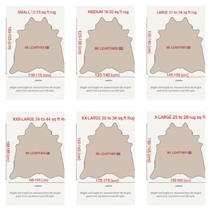 May include: Diagram showing six different sizes of cowhide rugs with measurements in centimetres. The rugs are all beige and have the text "BK.LEARTHER" printed on them.