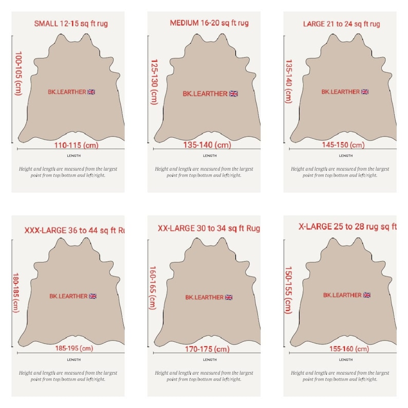 May include: Diagram showing six different sizes of cowhide rugs with measurements in centimetres. The rugs are all beige and have the text "BK.LEARTHER" printed on them.