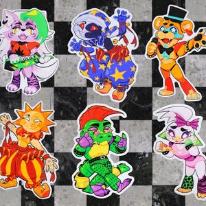 FNAF Security Breach Stickers! Glamrock Freddy, Roxy, Bonnie, Chica, Sun, and Monty Gator Chibi Decals 4 in.