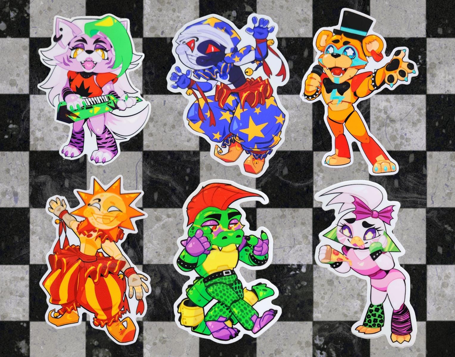 FNAF Security Breach Stickers! Glamrock Freddy, Roxy, Bonnie, Chica, Sun, and Monty Gator Chibi Decals 4 in.