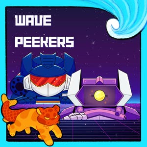 May include: A digital art print featuring the text "WAVE PEEKERS" above two robot characters and a cartoon animal. The robots are blue and purple with red and gold accents. The animal is orange and yellow.