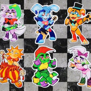 Autocollants FNAF pour violation de sécurité ! Décalcomanies chibi Glamrock Freddy, Roxy, Bonnie, Chica, Sun et Monty Gator 4 po.
