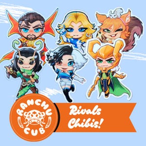 Marvel Rivals, Dr. Strange, Unsichtbare Frau, Luna Schnee, Eichhörnchen-Mädchen, Gottesanbeterin, Loki, Vanguard, Synthetikerin Chibi Aufkleber 3 in.