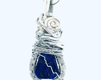 Wire Wrapped Lapis Lazuli Necklace with Adjustable Length up to 36 Inches - Moving Forward - Woven Lapis Lazuli Pendant