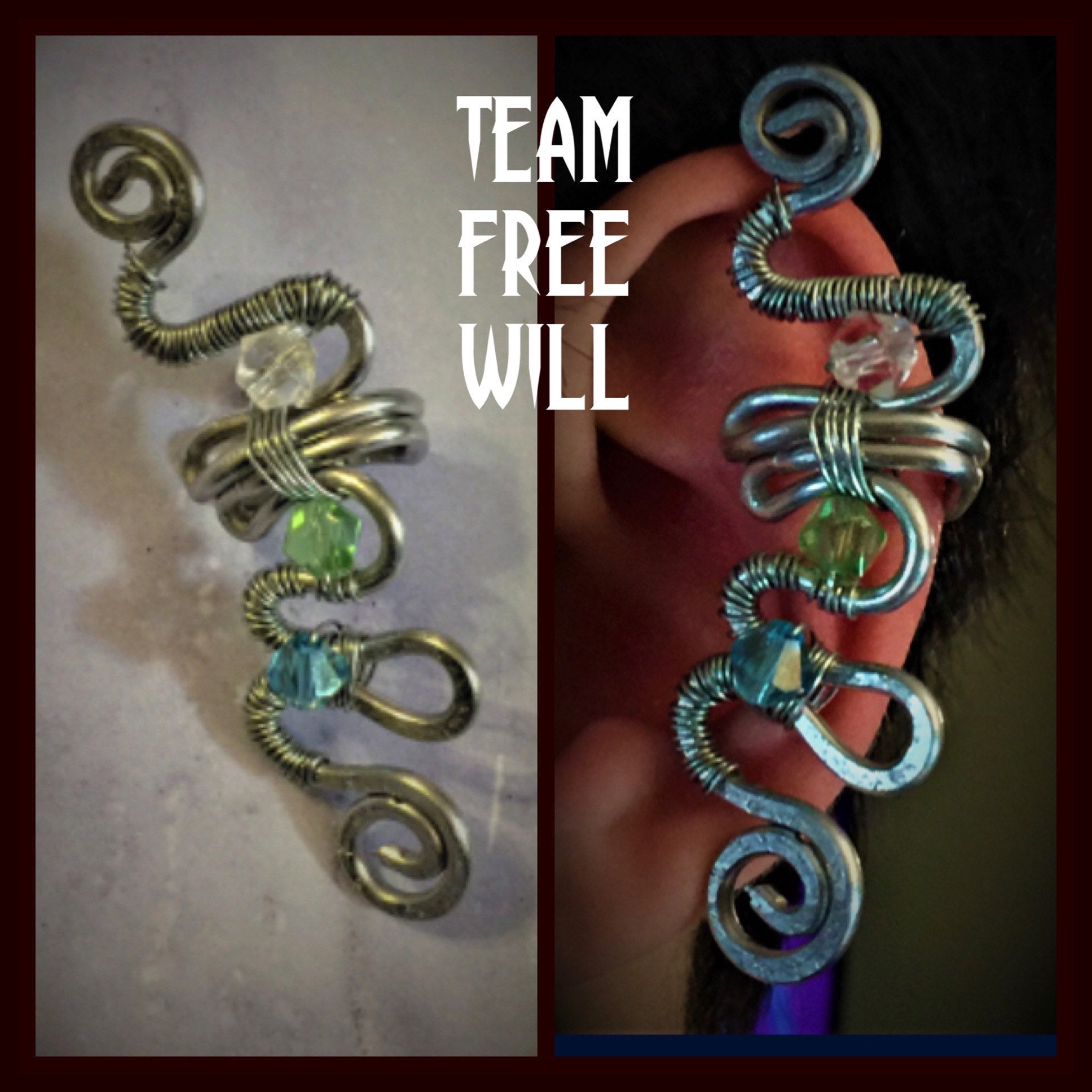Team Free Will Inspired Wire Wrapped Ear Cuff Supernatural Inspired Fan Art Sam Winchester Dean Winchester Castiel Crystals