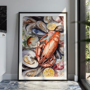Watercolor Seafood Kitchen Wall Art, Lobster and Mussels Print, Coastal Kitchen Decor, Nautical Dining Room Art, Instant Digital Download