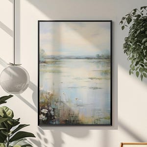 Impresión artística digital de lago sereno, arte mural de paisaje minimalista, póster imprimible de naturaleza moderna, paisaje minimalista, decoración de pared digital