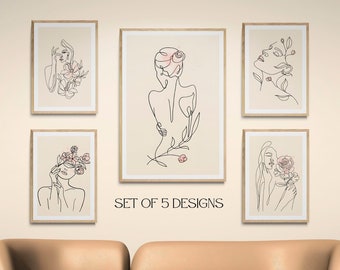 Line art print set vrouw en bloemen, vrouwelijk minimalistisch decor (digitale download)