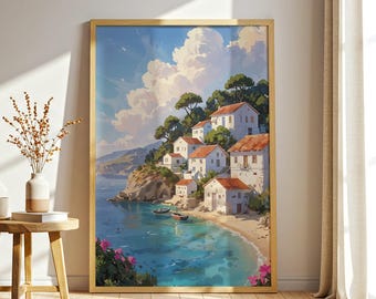 Coastal Village Print, Mediterranean Seaside Houses Painting (Digital Download)