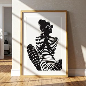 Black and White Striped Woman Art, Modern Fashion Portrait, Bold Graphic Wall Art, Minimalist Digital Print for Stylish Decor