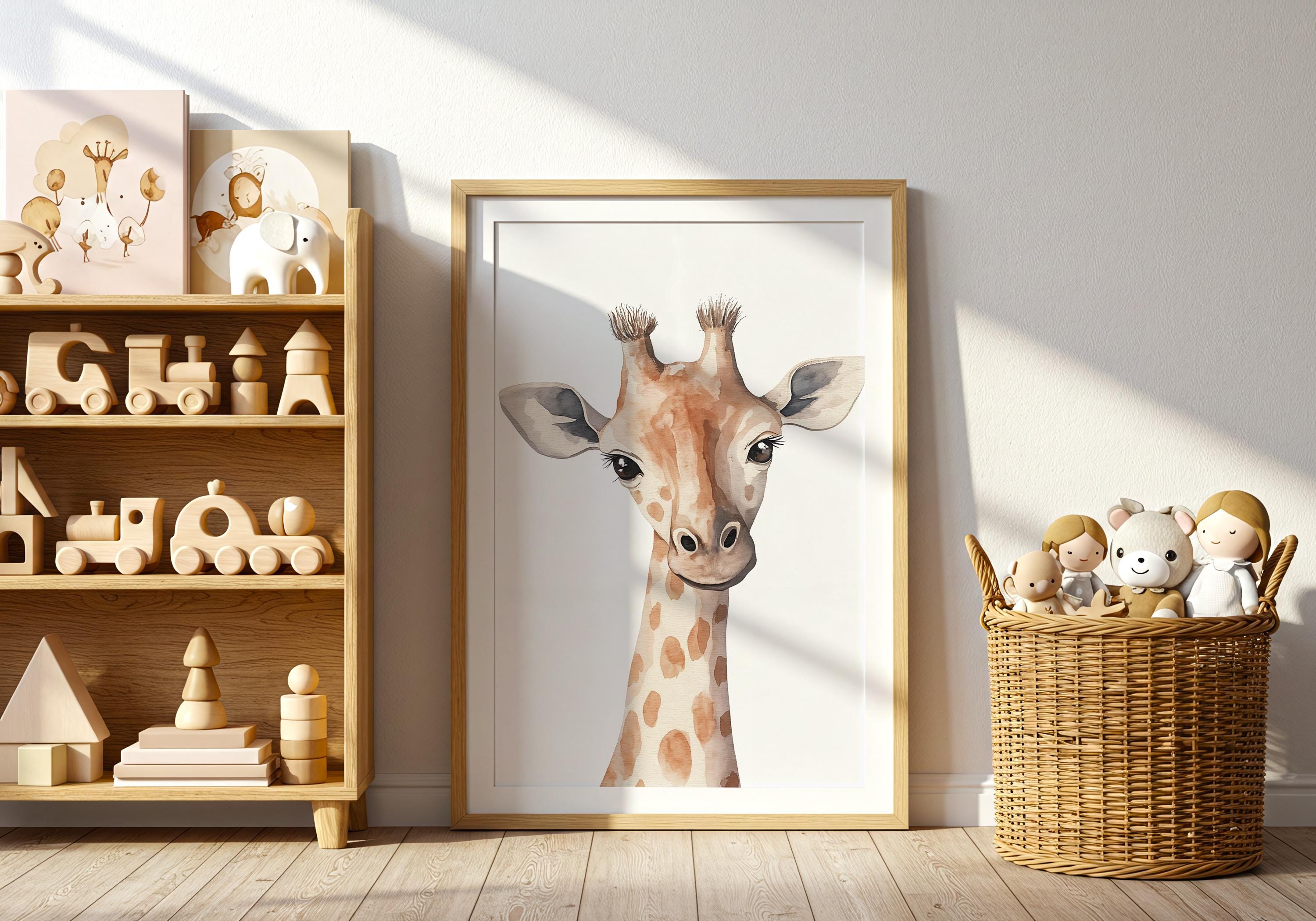 Impressão em aquarela de girafa fofa, decoração de berçário com