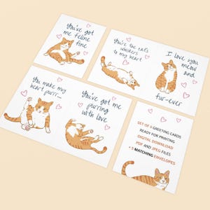 かわいい猫の印刷可能なカードセット - デジタル猫のeカードバンドル - 5つの愛らしいデザイン - 封筒に面白い＆甘いメッセージが含まれています - 印刷可能