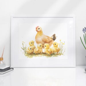Impresión de acuarela para habitación infantil, póster de gallina y pollitos, arte mural infantil de granja, descarga digital de animales de granja, decoración rústica para habitación de bebé.