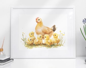 Glucke und Küken Aquarell Druck: Bauernhof Kinderzimmer Deko (Digitaler Download)