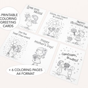 Tarjetas para colorear del Día de la Madre / Juego de 6 diseños imprimibles / Descarga digital / Regalo personalizado para niños