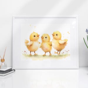 Dancing Chicks Nursery Print – Watercolor Baby Chick Wall Art – Spring Animal Illustration – Digital Download