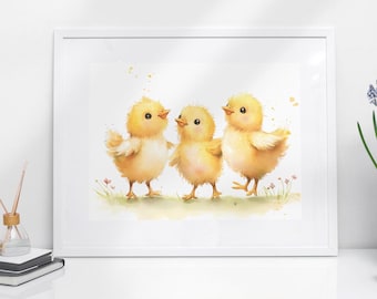 Dancing Chicks Nursery Print – Watercolor Baby Chick Wall Art – Spring Animal Illustration – Digital Download
