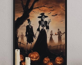 Op de afbeelding: Een ingelijste Halloween-print met skeletfiguren in formele kleding, tegen een oranje lucht met vleermuizen. Uitgesneden pompoenen en een kale boom staan op de voorgrond. Het kunstwerk roept een spookachtige, gotische sfeer op.