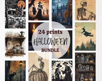 May include: A collection of 24 Halloween-themed prints. The images feature spooky scenes with skeletons, witches, haunted houses, and other eerie elements. The prints are in various styles, including vintage and watercolor, with a color palette of black, orange, and beige.