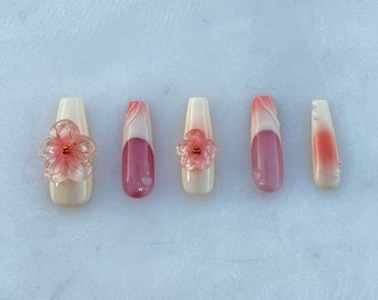 Handmade 3D Gel Flower Summer SQUARE Press on Nails, Unique handmade Nails For Any Occasion: Gift, Holiday, events
